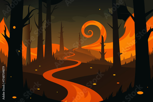 Haunted forest glowing with orange embers and swirl on transparent background