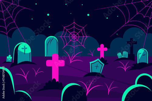 Haunted graveyard covered in neon spider webs on transparent background