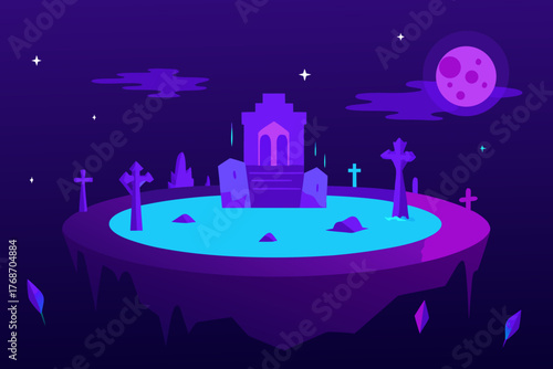 Haunted graveyard floating on neon lake on transparent background