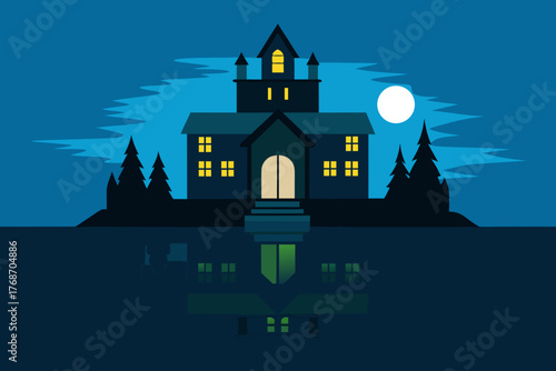 Haunted mansion reflected on ghostly lake on transparent background