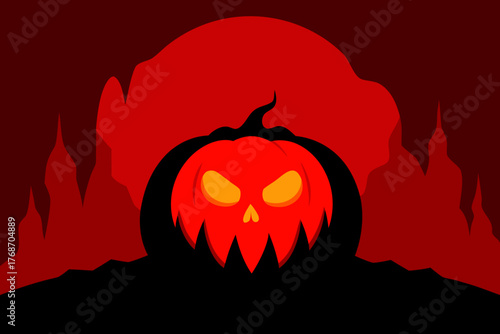 Haunted pumpkin cave glowing in red light on transparent background