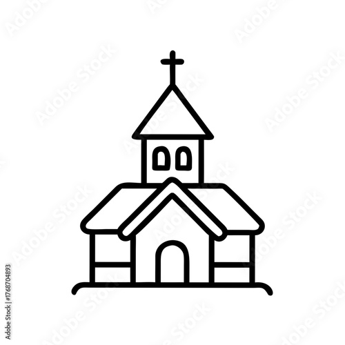 Simple line drawing of a wooden church with cross on roof  