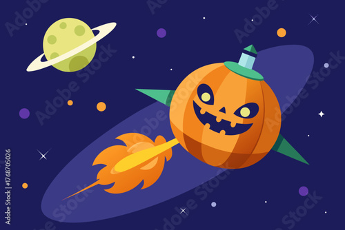 Pumpkin shaped spaceship flying through haunted galaxy on transparent background