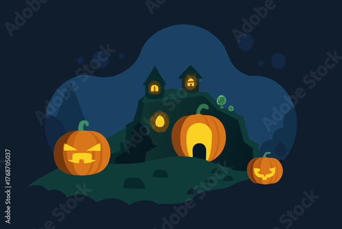 pumpkin village glowing inside dark cave on transparent background