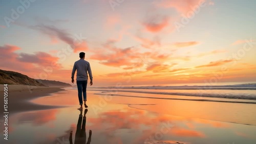 Solitary man walking along beach at sunset reflecting on water with vibrant sky. Peaceful evening walk captures serene moment by ocean waves during twilight.