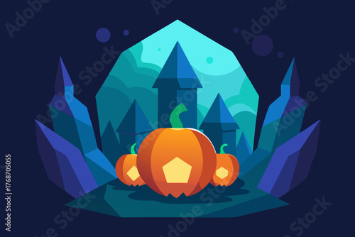 pumpkin village inside glowing crystal cave on transparent background