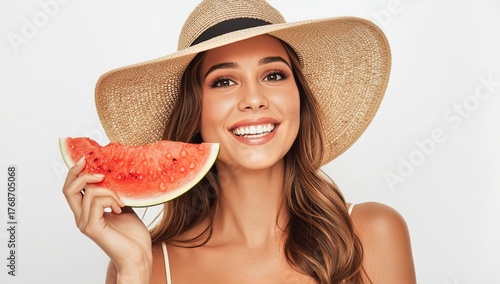 Woman Wearing a Hat Smiles While Holding a Slice of Fresh Watermelon Indoors