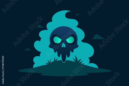 scary glowing skull island surrounded by mist on transparent background