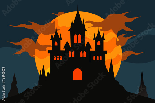 scary haunted castle surrounded by burning fog on transparent background