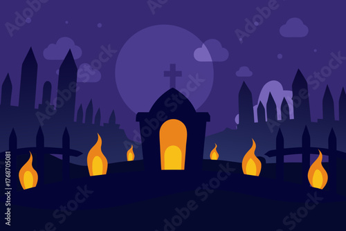 scary graveyard glowing with flickering candles on transparent background