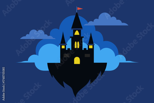 witch castle floating above storm clouds on transparent background