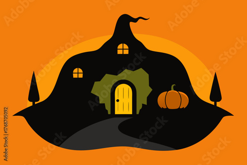 witch cabin inside pumpkin shaped mountain on transparent background