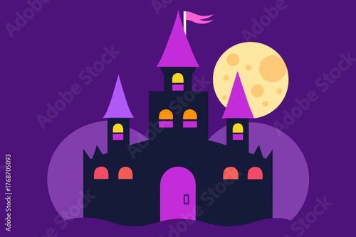 witch castle made of candy glowing under purple on transparent background