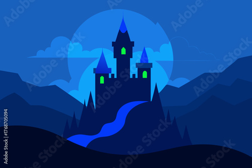 witch castle glowing blue above fog valley on transparent background