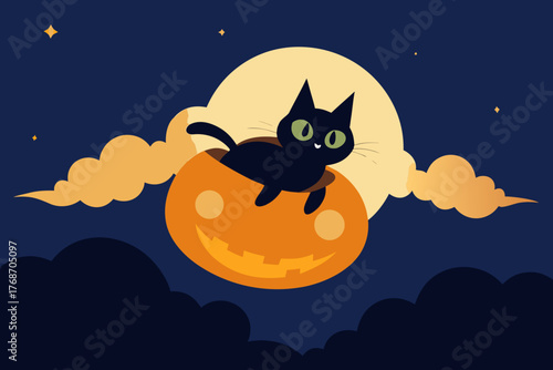 witch cat flying through glowing pumpkin clouds on transparent background