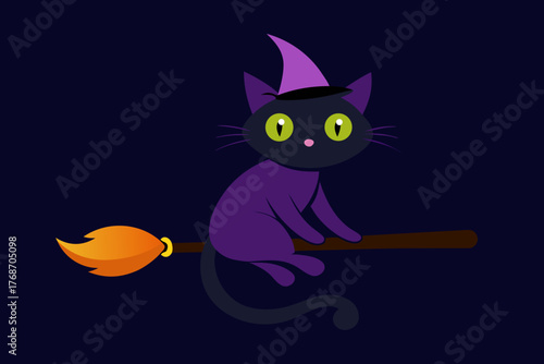 witch cat sitting on glowing broomstick on transparent background