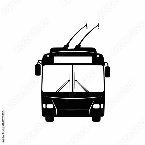 Front view black and white silhouette vector icon of a modern trolleybus or electric bus with its overhead power poles, representing sustainable urban mass transit