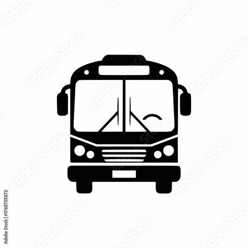 Front view black and white silhouette vector icon of a classic city public transit bus or shuttle for urban mass transportation and passenger commuting illustrations