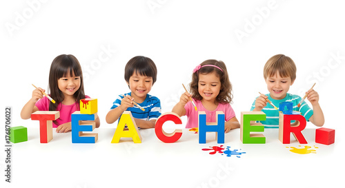 Kids Spelling Teacher Title Creative with Wooden Blocks on Isolated Background
