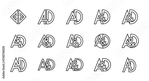 Collection of stylized 'AD' monogram logos and symbols, featuring variations of the letters 'A' and 'D' intertwined with an ampersand, presented in a clean, outline graphic style on a black