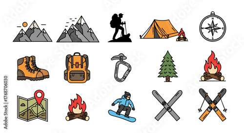 Collection of flat design icons representing outdoor adventure and winter sports, including mountains, hiker silhouette, tent, campfire, compass, hiking boots, backpack, carabiner, pine tree, map