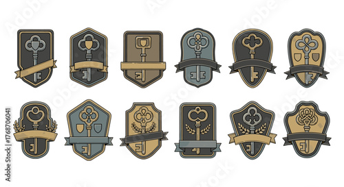 Collection of vintage keys and badges, featuring ornate antique keys in various shield shapes with decorative ribbons and laurel wreaths, presented in a muted, retro color palette for a classic and