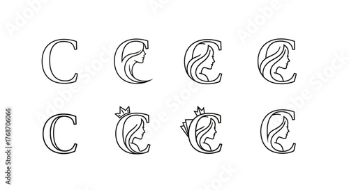 Set of elegant letter C logos featuring a silhouette of a woman's profile, some adorned with a delicate crown, showcasing a blend of classic typography and feminine artistry for branding and design