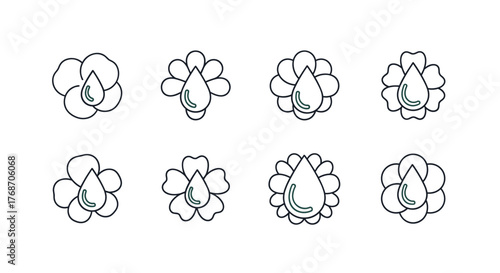 Set of eight minimalist line art icons depicting a stylized flower with a water droplet inside, presented in a clean, modern aesthetic with a dark background, perfect for nature, beauty, or wellness