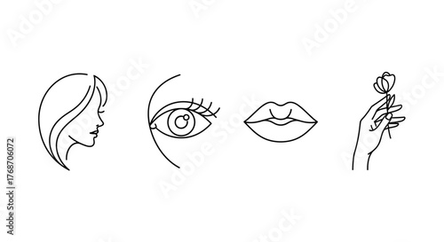 Abstract minimalist line art depicting a woman's face in profile, focusing on the eye and lips, rendered in a clean, modern, and elegant style with a simple black outline on a white background