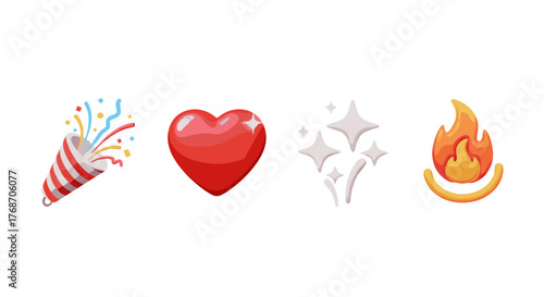 A vibrant collection of four distinct 3D rendered emoji icons, including a festive party popper exploding with colorful confetti, a glossy red heart symbolizing love and affection, a cluster of