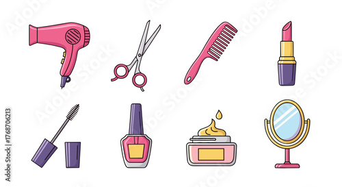 A vibrant collection of beauty and personal care icons, featuring a pink hairdryer, professional scissors, a comb, lipstick, mascara, nail polish, a jar of cream, and a vanity mirror, all set against