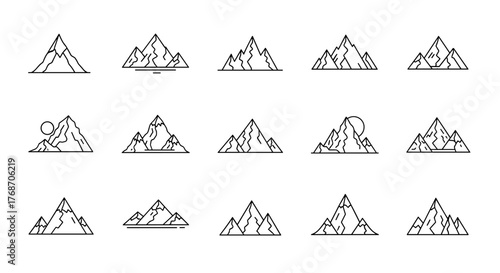 Collection of stylized mountain range icons with a minimalist white outline on a black background, featuring diverse peaks, snow-capped summits, and dramatic geological formations, perfect for