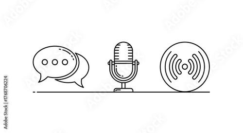 Set of three minimalist line art icons representing communication and audio: a speech bubble with ellipses, a vintage microphone, and a sound wave symbol, perfect for digital interfaces, apps, and
