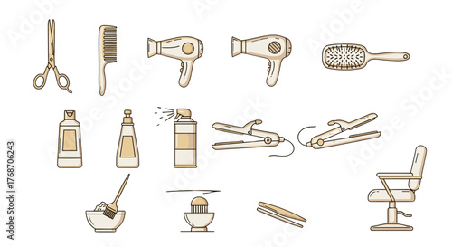 A collection of flat design icons representing hairdressing and beauty salon tools, including scissors, combs, hair dryers, brushes, bottles of shampoo and conditioner, hairspray, curling irons, flat