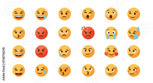 A diverse collection of 24 expressive emoji faces, showcasing a wide spectrum of human emotions from joy and laughter to anger and sadness, rendered in a vibrant 3D style against a stark black