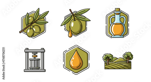 Set of stylized icons representing the olive oil production process, including olive branches, a single olive with a drop of oil, a carafe of oil, an olive press, a drop of oil, and an olive grove