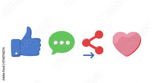 Vibrant 3D icons representing social media engagement: a blue thumbs-up for likes, a green speech bubble with three dots for comments or messages, a red share icon with an arrow indicating