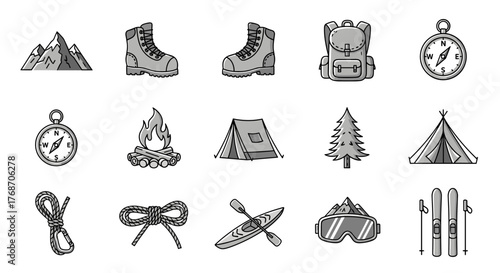 Set of flat design icons for outdoor adventure and camping, including mountains, hiking boots, backpack, compass, campfire, tents, pine tree, ropes, kayak, goggles, and skis, perfect for travel and