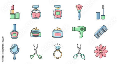 A vibrant collection of beauty and cosmetic icons, including lipstick, perfume bottles, nail polish, creams, makeup brushes, mascara, hair dryer, comb, mirror, scissors, a diamond ring, and a