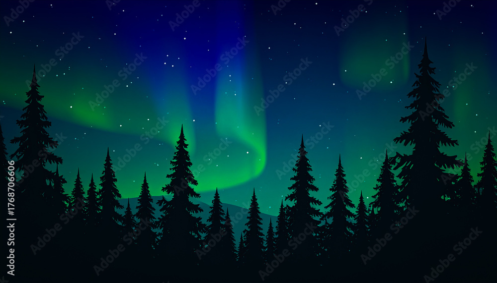 Naklejka premium Minimalist Winter Forest Silhouette with Aurora Borealis