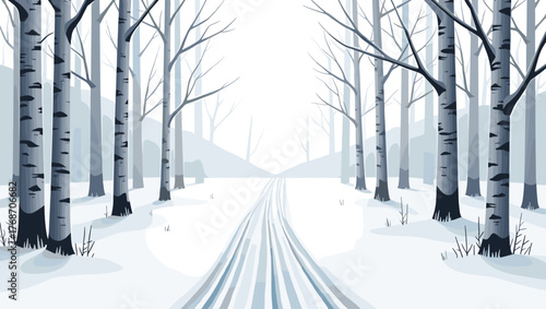 Snowy birch forest path with nordic skiing track leading into misty winter distance. Calm winter nature concept