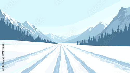 Wide nordic skiing track through snowy mountain valley under clear blue sky. Concept of freedom and winter adventure
