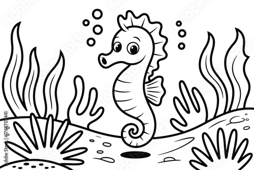 Cute seahorse swimming among seaweed and bubbles in the ocean, vector illustration