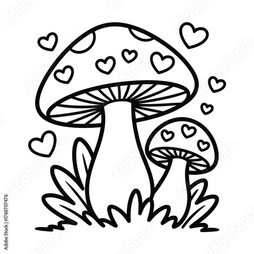 Cute cartoon mushrooms with hearts and leaves, , perfect for childrens coloring pages and whimsical designs vector illustration
