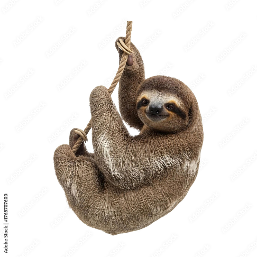 Naklejka premium Cute sloth hanging on rope isolated on transparent background in studio shot