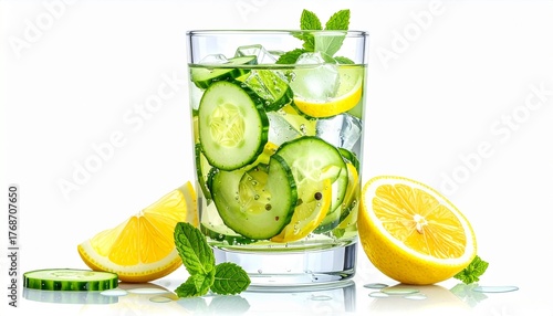 Glass of detox water with cucumber and lemon, clean reflection, photorealistic, white background