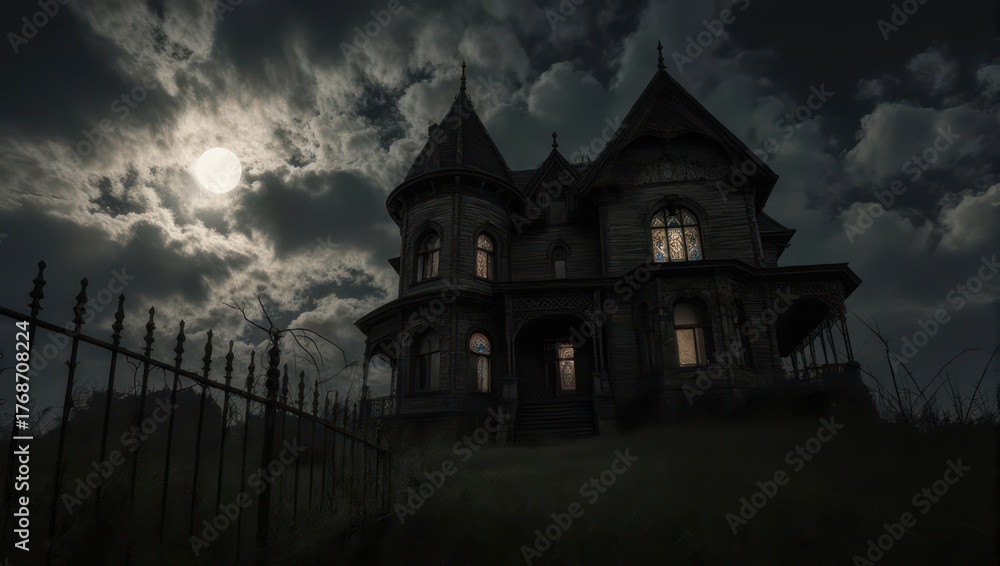 Fototapeta premium Spooky Haunted House Under Moonlight with Dark Clouds.