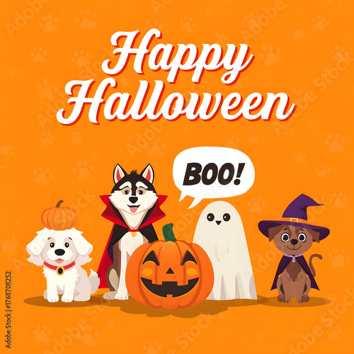Spooky Pet Gathering: A festive Halloween scene with adorable pets dressed in costumes, capturing the spirit of the holiday season and the joy of pet-themed celebrations.