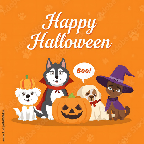Halloween Dog Characters: An illustration of a group of dogs dressed up in Halloween costumes, surrounded by pumpkins and paw prints on an orange backdrop.