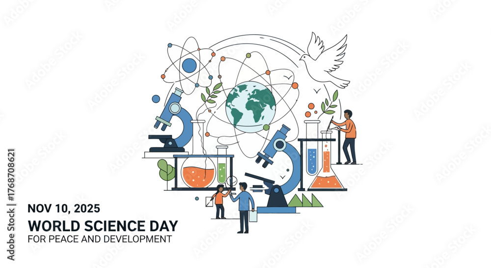 Naklejka premium Celebrating World Science Day with a focus on global collaboration and peaceful development through scientific advancement and discovery, promoting progress for a better future